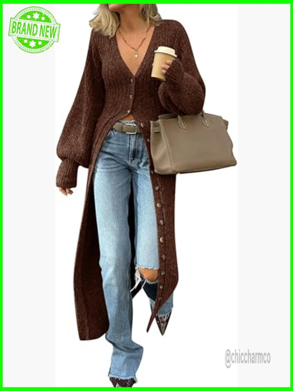 V Neck Button Down Chunky Knit Duster Cardigan Maxi Sweater Dress